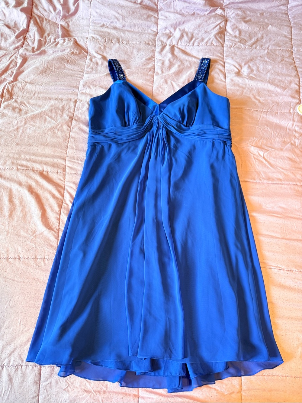 NEVER WORN David's Bridal Royal Blue Chiffon Dress with Beaded Accents